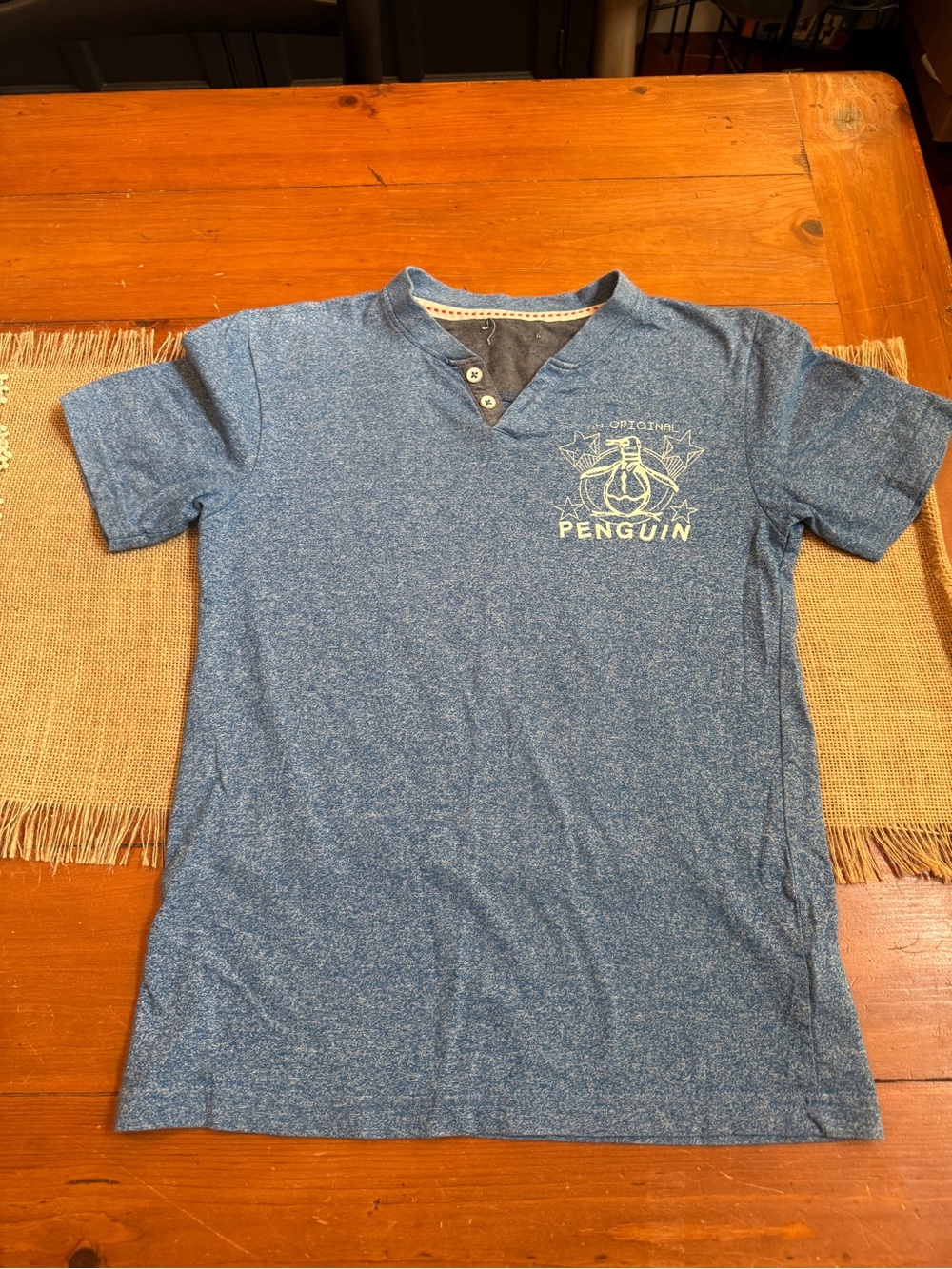 Original Penguin Heather Blue Short-Sleeve Henley Tee with Chest Logo